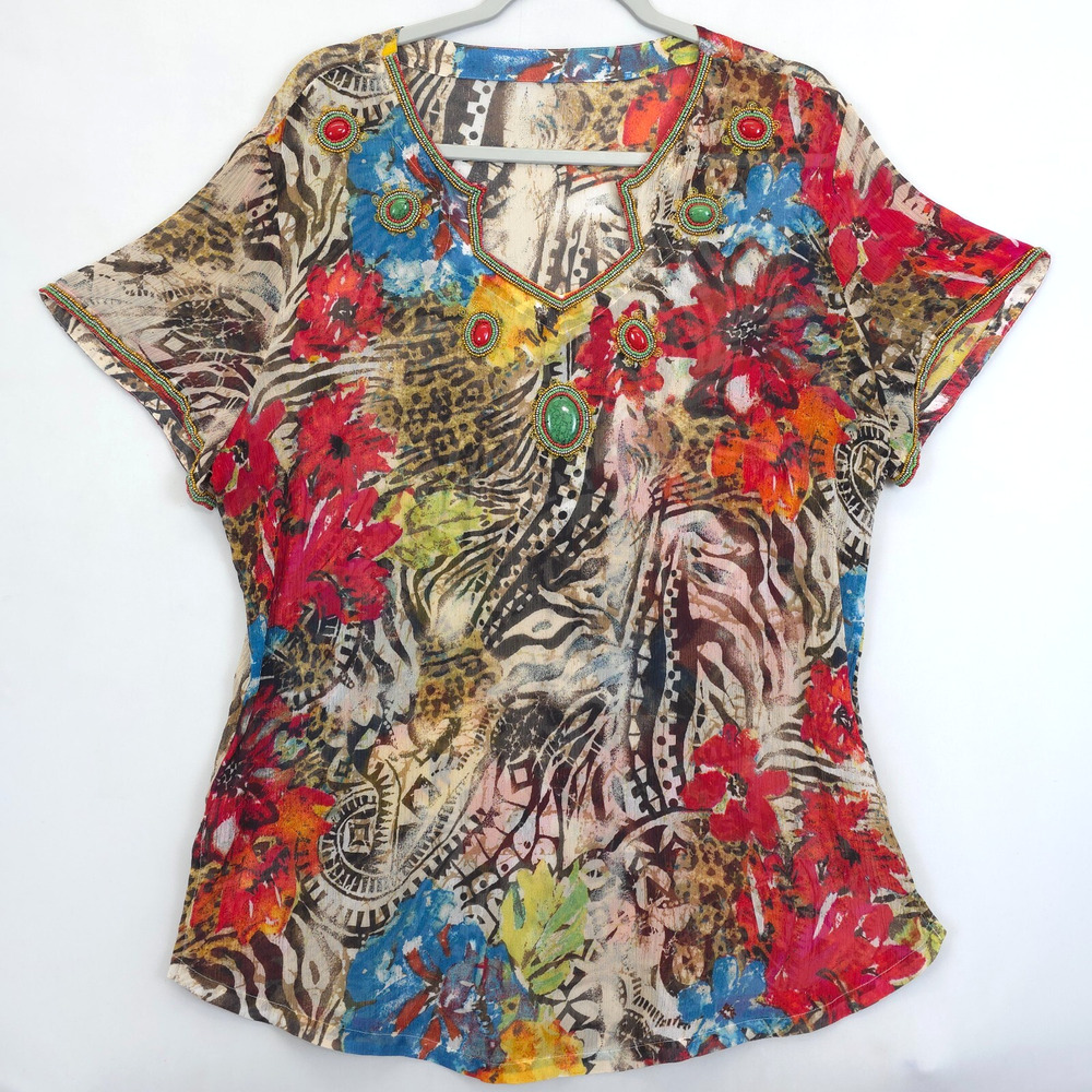 Chicos Tunic Top Mix Print Silk Beaded Women 14 Colorful Sheer Artsy Boho Whimsy